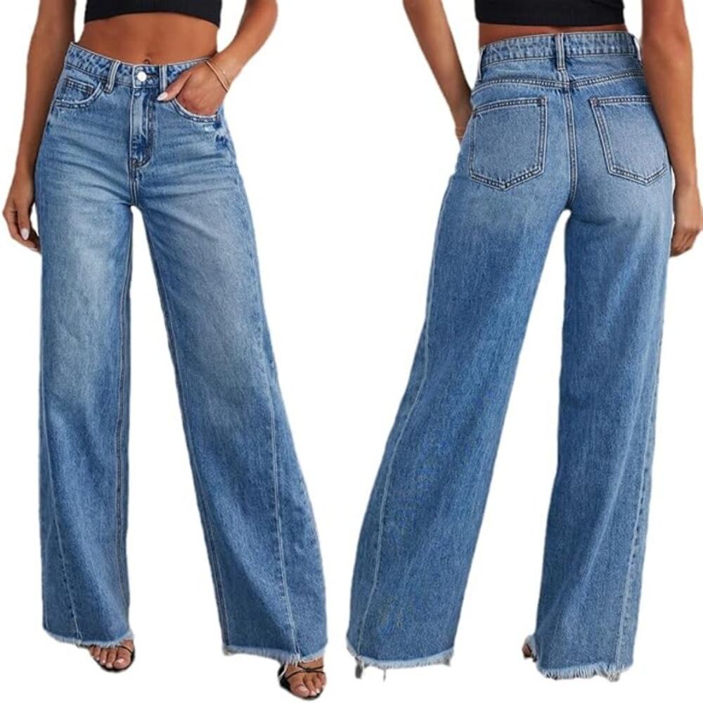 Wide Leg Raw Hem Vintage Light Wash Jeans – Size S